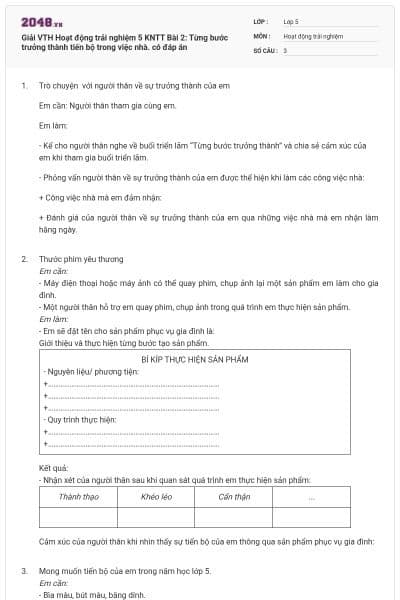 Giải VTH Hoạt động trải nghiệm 5 KNTT Bài 2: Từng bước trưởng thành tiến bộ trong việc nhà. có đáp án