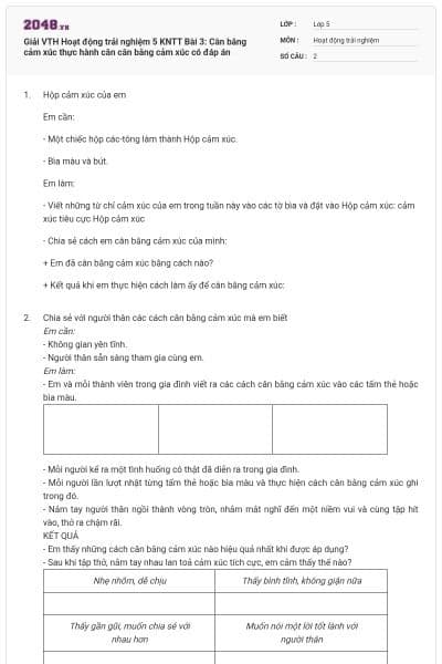 Giải VTH Hoạt động trải nghiệm 5 KNTT Bài 3: Cân bằng cảm xúc thực hành cân cân bằng cảm xúc có đáp án