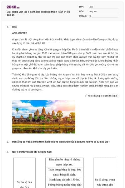 Giải Tiếng Việt lớp 5 dành cho buổi học thứ 2 Tuần 34 có đáp án