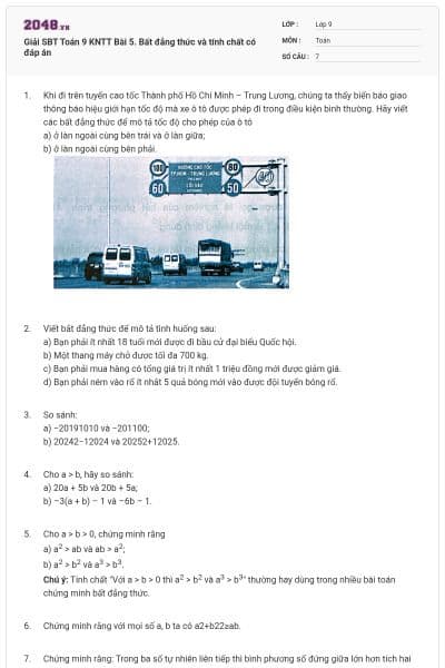 Giải SBT Toán 9 KNTT Bài 5. Bất đẳng thức và tính chất có đáp án