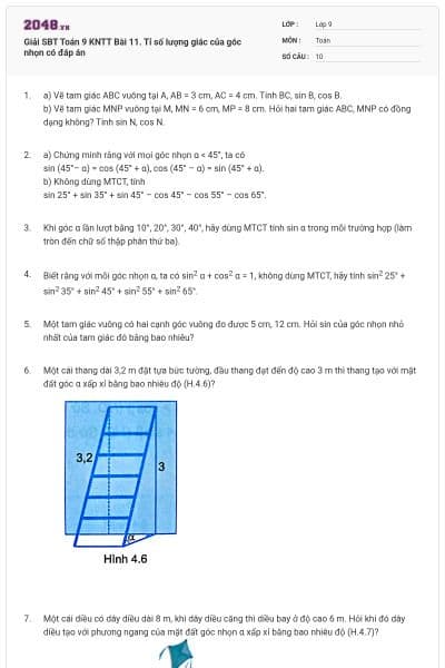 Giải SBT Toán 9 KNTT Bài 11. Tỉ số lượng giác của góc nhọn có đáp án