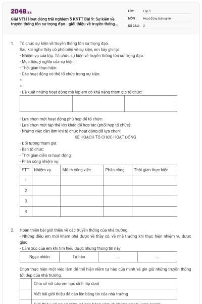 Giải VTH Hoạt động trải nghiệm 5 KNTT Bài 9: Sự kiện về truyền thống tôn sư trọng đạo - giới thiệu về truyền thống nhà trường  có đáp án