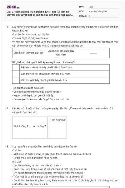 Giải VTH Hoạt động trải nghiệm 5 KNTT Bài 10: Tâm sự thấy trò giải quyết một số vấn đề nảy sinh trong mối quan hệ thầy trò. có đáp án
