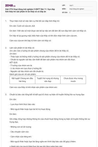 Giải VTH Hoạt động trải nghiệm 5 KNTT Bài 11: Vụn đắp tình thấy trò sản phẩm tri ân thấy cô có đáp án