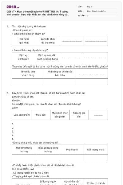 Giải VTH Hoạt động trải nghiệm 5 KNTT Bài 14: Ý tưởng kinh doanh - thực hiện khảo sát nhu cầu khách hàng  có đáp án