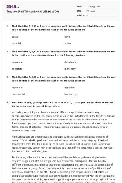 Tổng hợp đề thi Tiếng Anh có lời giải (Đề số 26)