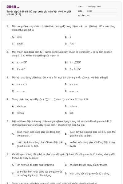Tuyển tập 25 đề thi thử thpt quốc gia môn Vật lý có lời giải chi tiết (P16)
