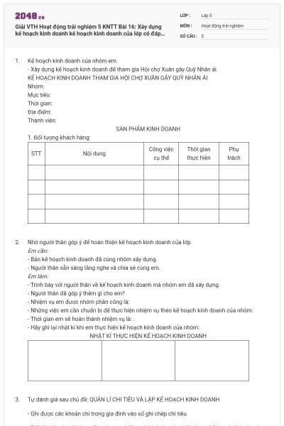 Giải VTH Hoạt động trải nghiệm 5 KNTT Bài 16: Xây dựng kế hoạch kinh doanh kế hoạch kinh doanh của lớp  có đáp án