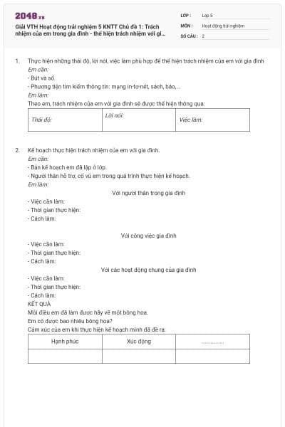 Giải VTH Hoạt động trải nghiệm 5 KNTT Chủ đề 1: Trách nhiệm của em trong gia đình - thể hiện trách nhiệm với gia đình có đáp án