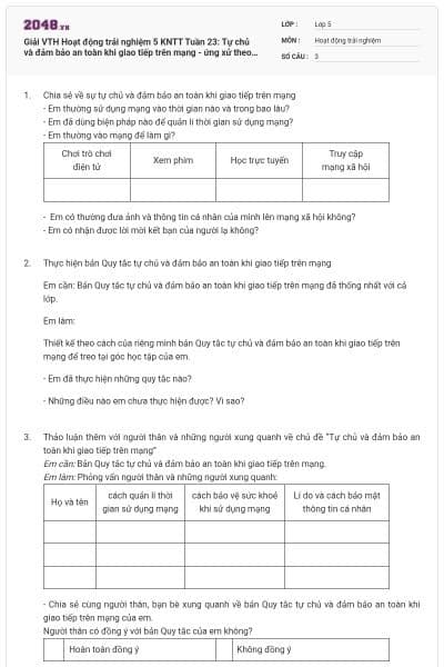 Giải VTH Hoạt động trải nghiệm 5 KNTT Tuần 23: Tự chủ và đảm bảo an toàn khi giao tiếp trên mạng - ứng xử theo quy tắc tự chủ và đảm bảo an toàn khi giao tiếp trên mạng có đáp án