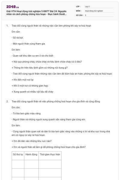 Giải VTH Hoạt động trải nghiệm 5 KNTT Bài 24: Nguyên nhân và cách phòng chống hỏa hoạn - thực hành thoát hiểm có đáp án
