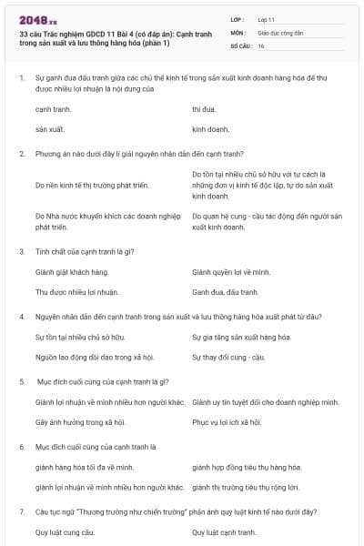 33 câu Trắc nghiệm GDCD 11 Bài 4 (có đáp án): Cạnh tranh trong sản xuất và lưu thông hàng hóa (phần 1)