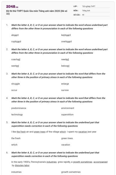 Đề thi thử THPT Quốc Gia môn Tiếng anh năm 2020 (Đề số 32)