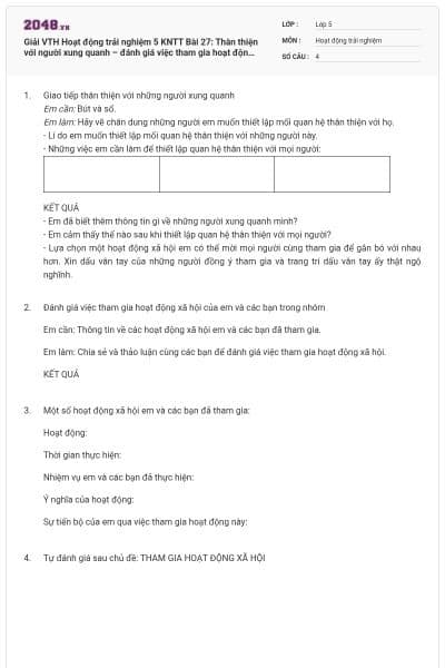 Giải VTH Hoạt động trải nghiệm 5 KNTT Bài 27: Thân thiện với người xung quanh – đánh giá việc tham gia hoạt động xã hội có đáp án