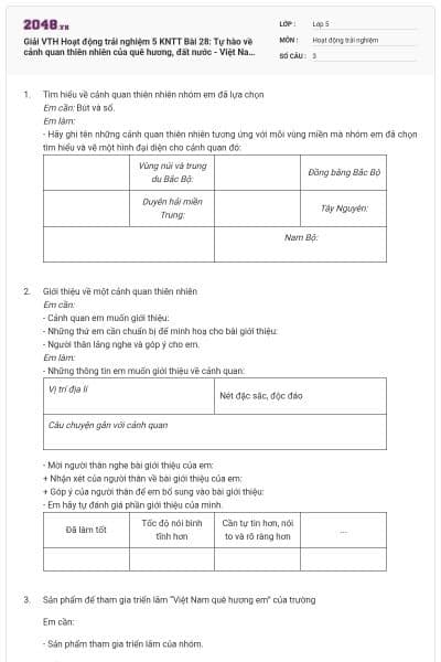 Giải VTH Hoạt động trải nghiệm 5 KNTT Bài 28: Tự hào về cảnh quan thiên nhiên của quê hương, đất nước - Việt Nam trong mắt em có đáp án