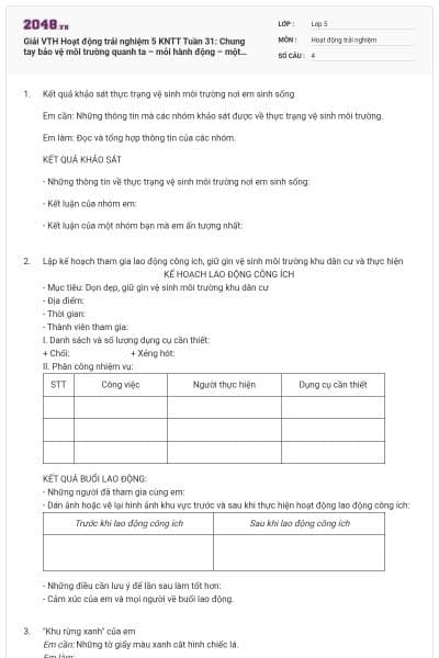 Giải VTH Hoạt động trải nghiệm 5 KNTT Tuần 31: Chung tay bảo vệ môi trường quanh ta – mỗi hành động – một chiếc lá. có đáp án