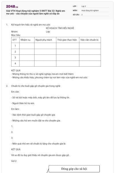 Giải VTH Hoạt động trải nghiệm 5 KNTT Bài 32: Nghề em mơ ước - câu chuyện của người làm nghề  có đáp án
