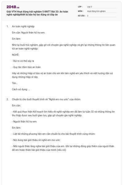 Giải VTH Hoạt động trải nghiệm 5 KNTT Bài 33: An toàn nghề nghiệpthiêt bị bảo hộ lao động  có đáp án