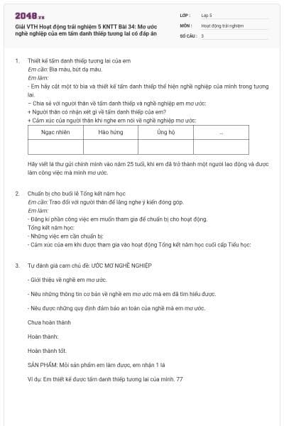 Giải VTH Hoạt động trải nghiệm 5 KNTT Bài 34: Mơ ước nghề nghiệp của em tấm danh thiếp tương lai có đáp án