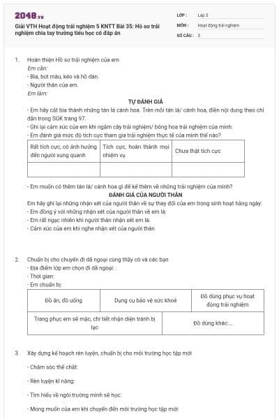 Giải VTH Hoạt động trải nghiệm 5 KNTT Bài 35: Hồ sơ trải nghiệm chia tay trường tiểu học có đáp án