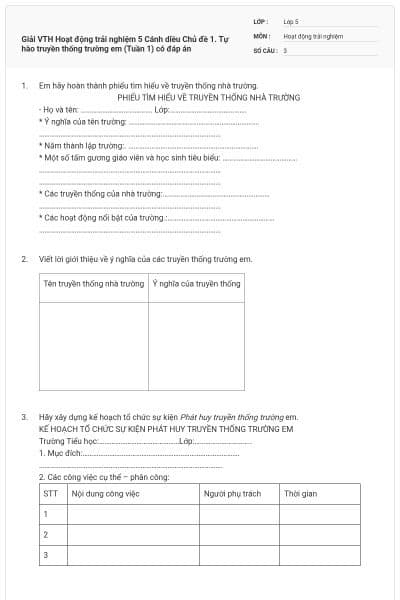 Giải VTH Hoạt động trải nghiệm 5 Cánh diều Chủ đề 1. Tự hào truyền thống trường em (Tuần 1) có đáp án