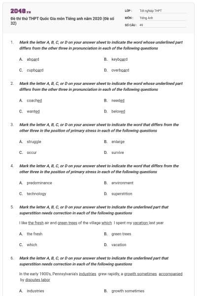 Đề thi thử THPT Quốc Gia môn Tiếng anh năm 2020 (Đề số 32)