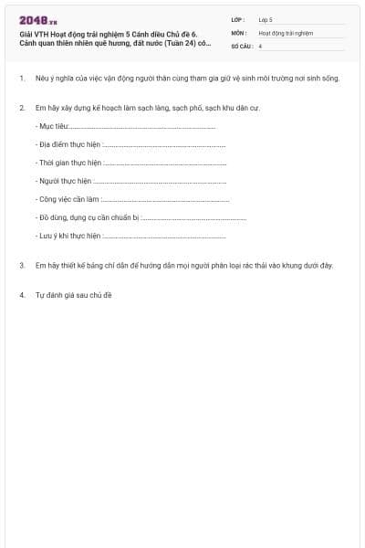 Giải VTH Hoạt động trải nghiệm 5 Cánh diều Chủ đề 6. Cảnh quan thiên nhiên quê hương, đất nước (Tuần 24) có đáp án