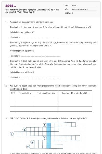 Giải VTH Hoạt động trải nghiệm 5 Cánh diều Chủ đề 7. Mái ấm gia đình (Tuần 26) có đáp án