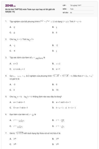 Đề thi thử THPTGQ môn Toán cực cực hay có lời giải chi tiết(Đề 14)