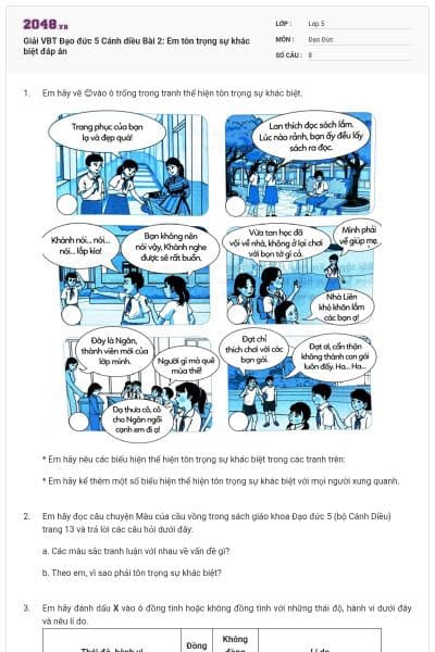 Giải VBT Đạo đức 5 Cánh diều Bài 2: Em tôn trọng sự khác biệt đáp án