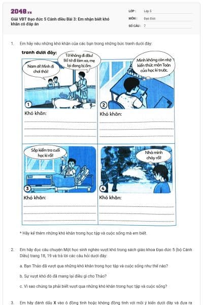 Giải VBT Đạo đức 5 Cánh diều Bài 3: Em nhận biết khó khăn có đáp án