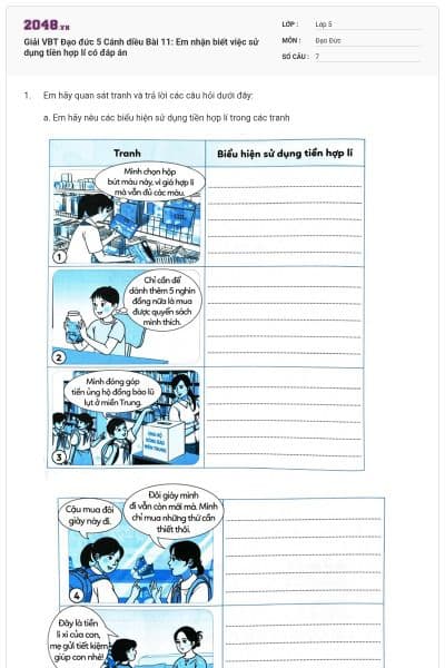 Giải VBT Đạo đức 5 Cánh diều Bài 11: Em nhận biết việc sử dụng tiền hợp lí có đáp án