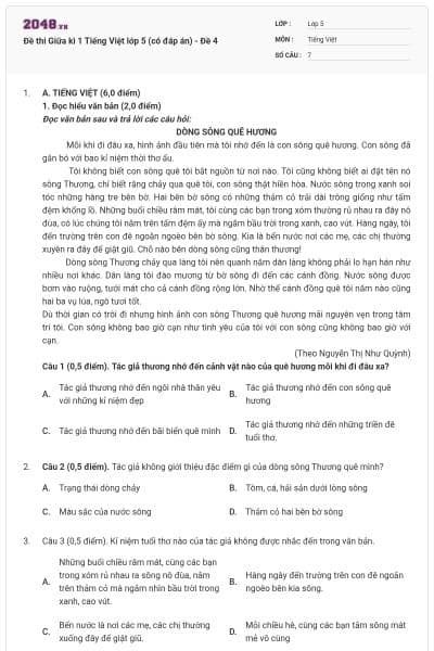 Đề thi Giữa kì 1 Tiếng Việt lớp 5 (có đáp án) - Đề 4