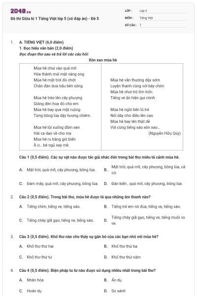 Đề thi Giữa kì 1 Tiếng Việt lớp 5 (có đáp án) - Đề 5