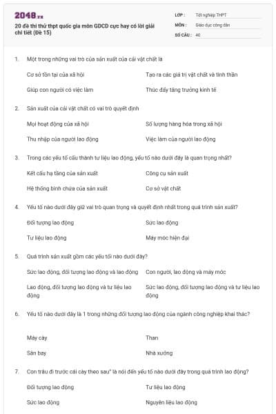 20 đề thi thử thpt quốc gia môn GDCD cực hay có lời giải chi tiết (Đề 15)