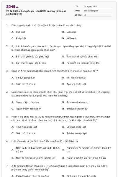 20 đề thi thử thpt quốc gia môn GDCD cực hay có lời giải chi tiết (Đề 14)