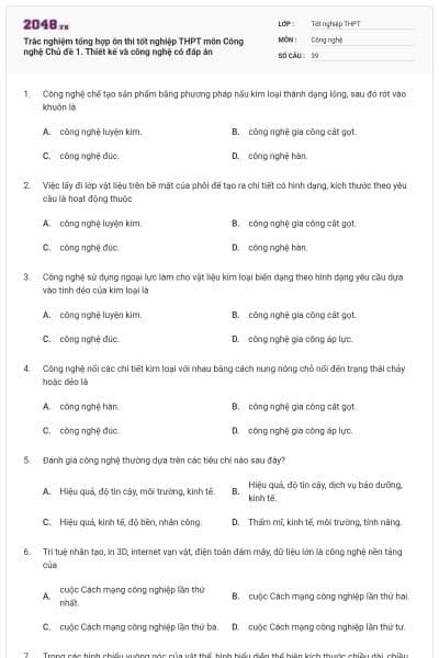 Trắc nghiệm tổng hợp ôn thi tốt nghiệp THPT môn Công nghệ Chủ đề 1. Thiết kế và công nghệ có đáp án
