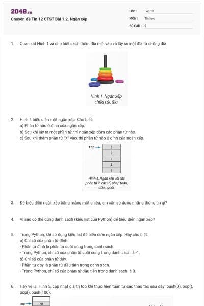 Chuyên đề Tin 12 CTST Bài 1.2. Ngăn xếp