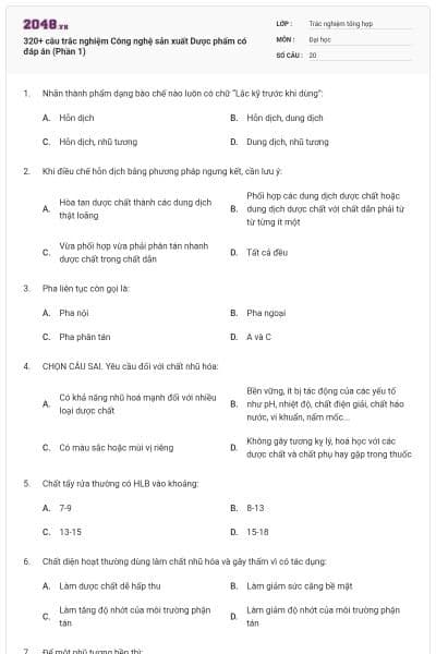 320+ câu trắc nghiệm Công nghệ sản xuất Dược phẩm có đáp án (Phần 1)