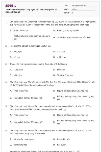320+ câu trắc nghiệm Công nghệ sản xuất Dược phẩm có đáp án (Phần 2)