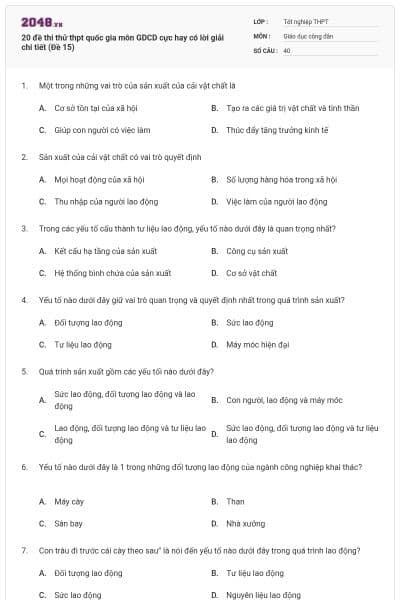 20 đề thi thử thpt quốc gia môn GDCD cực hay có lời giải chi tiết (Đề 15)