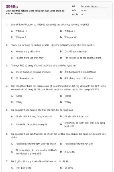 320+ câu trắc nghiệm Công nghệ sản xuất Dược phẩm có đáp án (Phần 9)