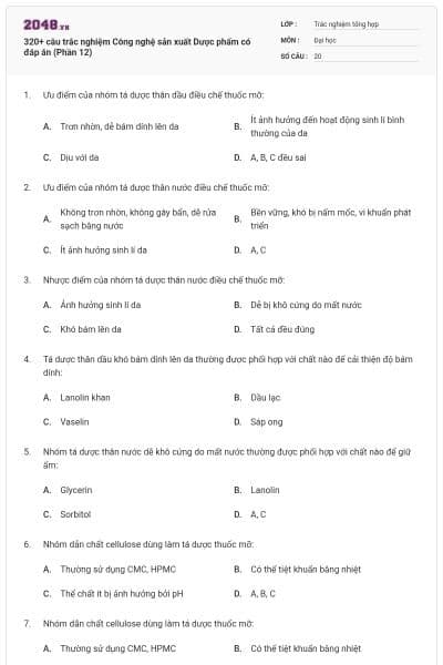320+ câu trắc nghiệm Công nghệ sản xuất Dược phẩm có đáp án (Phần 12)
