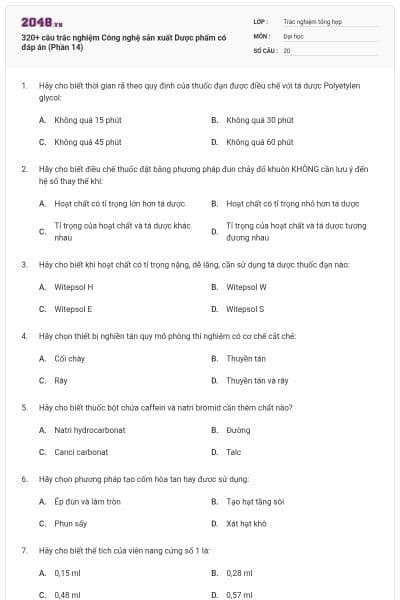 320+ câu trắc nghiệm Công nghệ sản xuất Dược phẩm có đáp án (Phần 14)