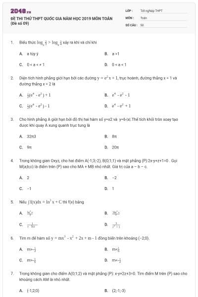 ĐỀ THI THỬ THPT QUỐC GIA NĂM HỌC 2019 MÔN TOÁN (Đề số 09)