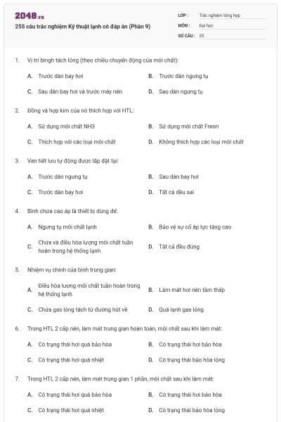 255 câu trắc nghiệm Kỹ thuật lạnh có đáp án (Phần 9)