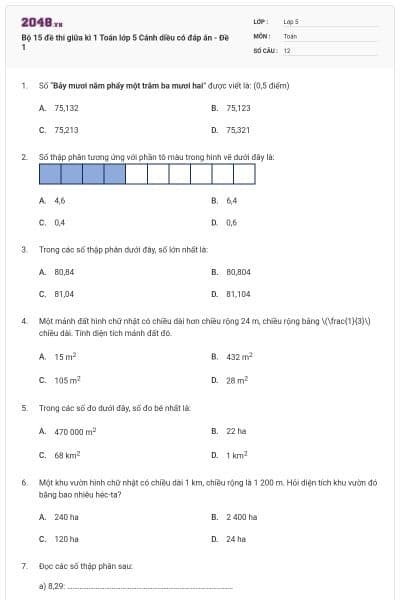 Bộ 15 đề thi giữa kì 1 Toán lớp 5 Cánh diều có đáp án - Đề 1