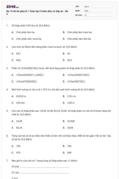 Bộ 15 đề thi giữa kì 1 Toán lớp 5 Cánh diều có đáp án - Đề 3