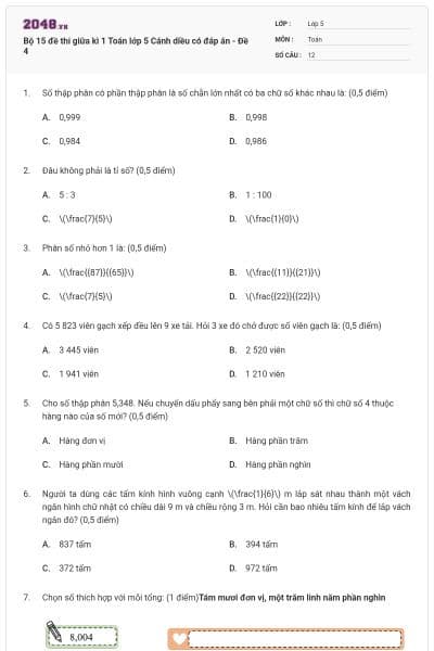 Bộ 15 đề thi giữa kì 1 Toán lớp 5 Cánh diều có đáp án - Đề 4