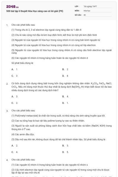 500 bài tập lí thuyết Hóa Học nâng cao có lời giải (P9)